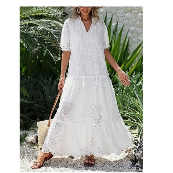 White Boho Summer Dress Lace Eyelet Puff Sleeve Ruffle Neck Tassel Tie S - Picture 7 of 7